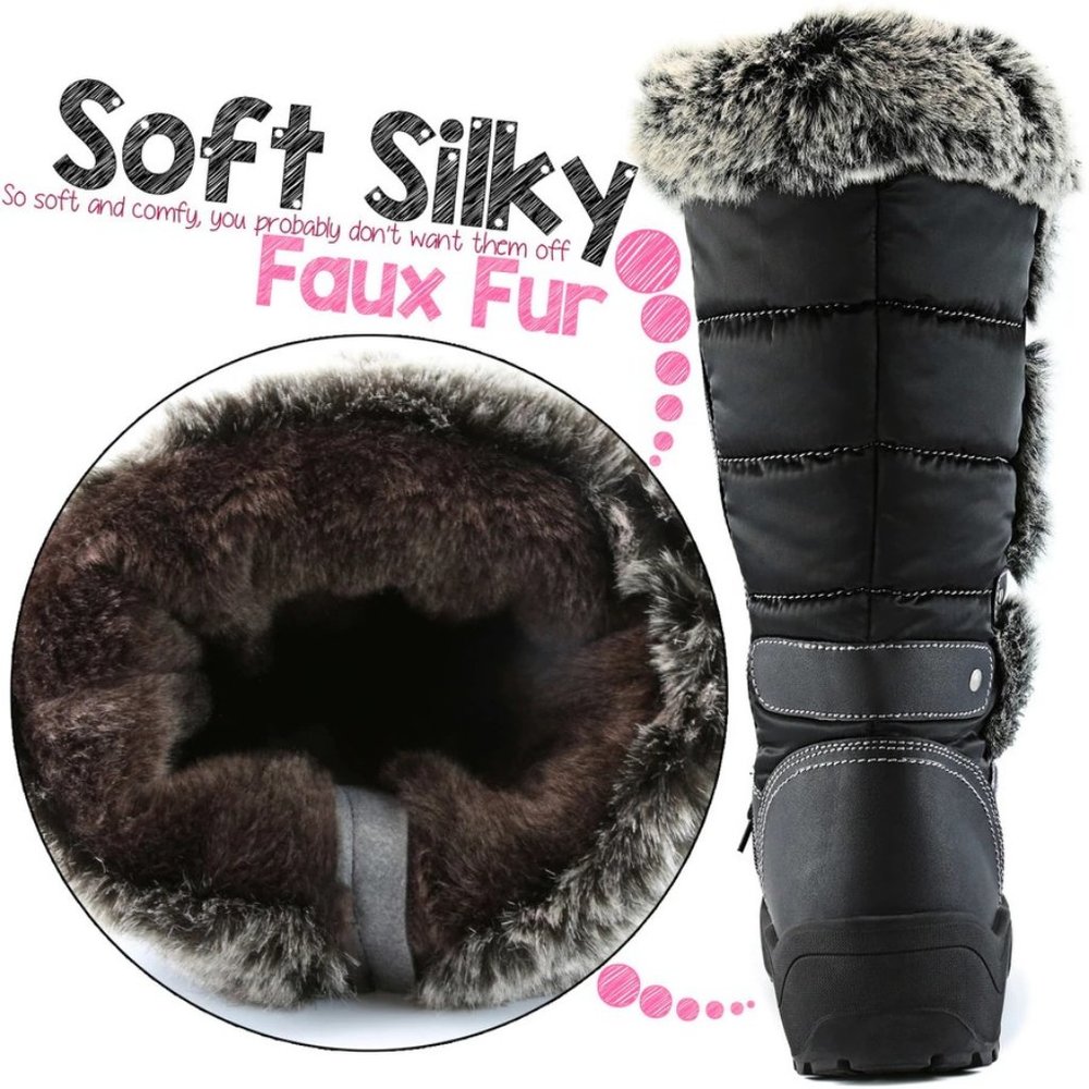 Ladies Boots Size 8 1/2 M by Daily Shoes Faux Fur Waterproof Black Quilt Lace Up - Picture 12 of 13